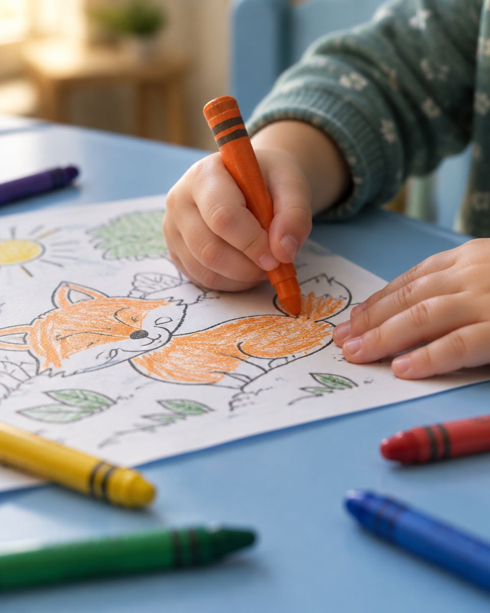 A child's hands colouring a fox picture with an orange crayon