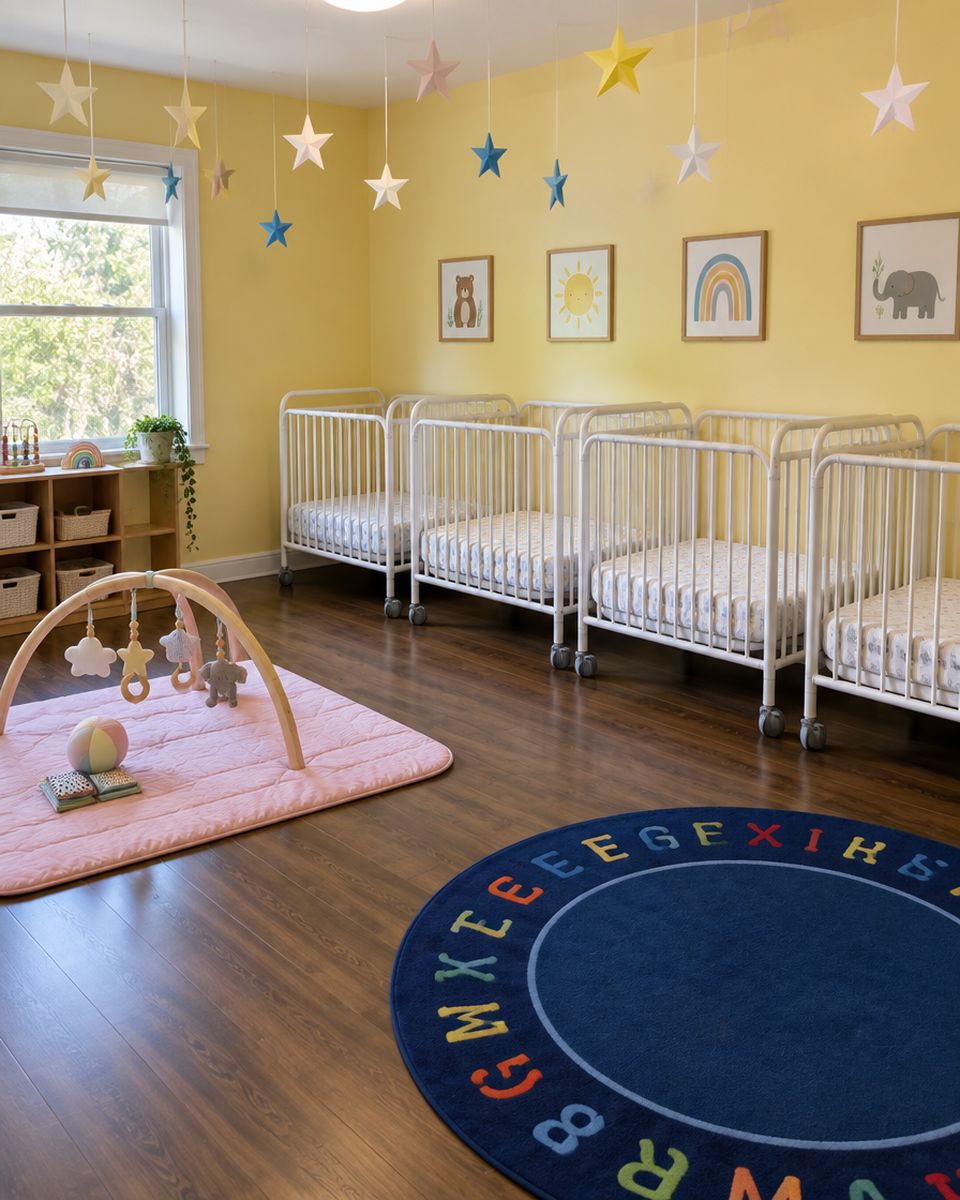 Infant room with white cribs, a baby play gym and paper stars hanging from the ceiling