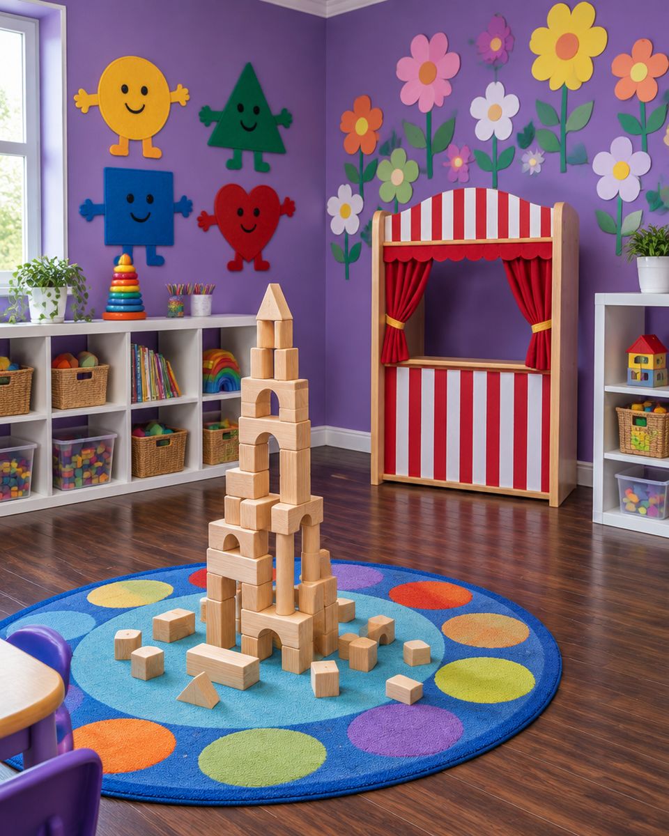 Purple pre-K room with felt shapes on the wall, a wooden block tower and a puppet theater