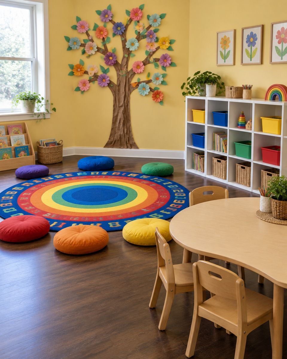 Toddler room with a rainbow alphabet rug, floor cushions, a flower tree mural and small wooden chairs